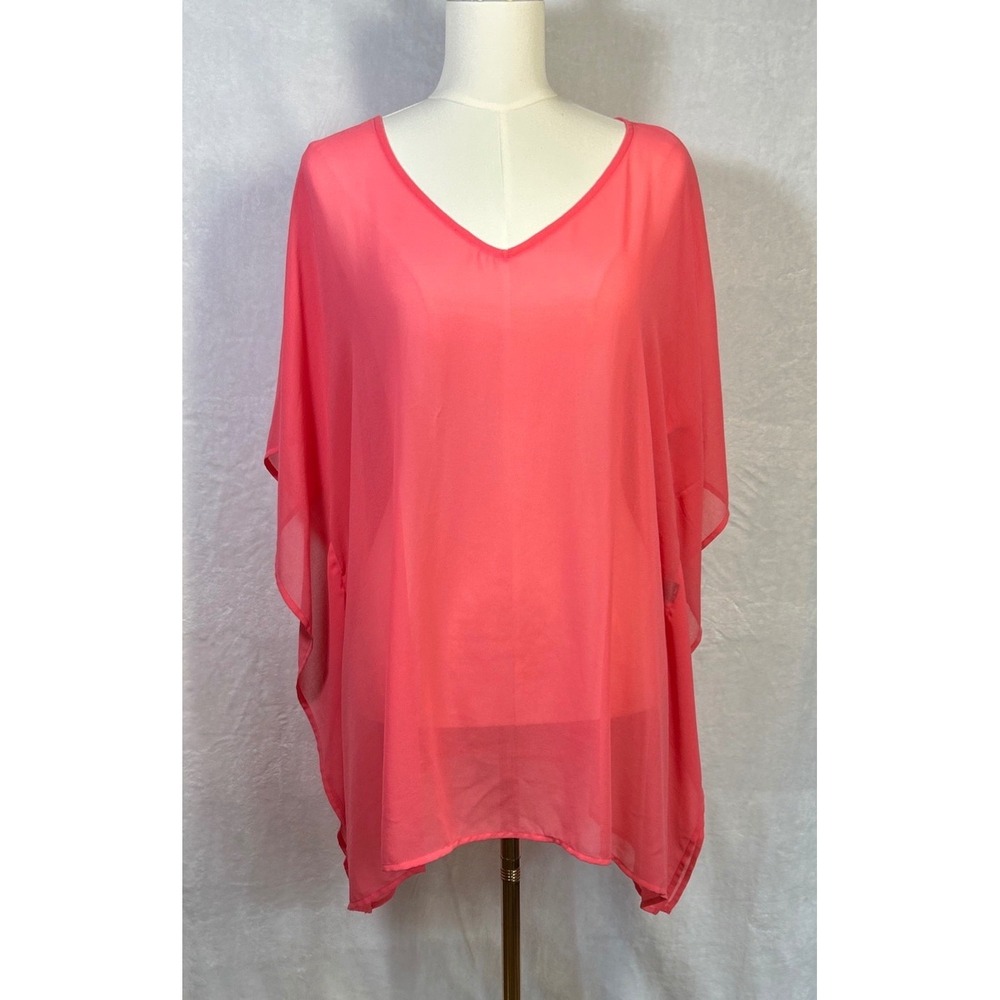 Lane Bryant V Neck Blouse Womens 14/16 Coral Melon Gauzy Beachy Boho Coquette